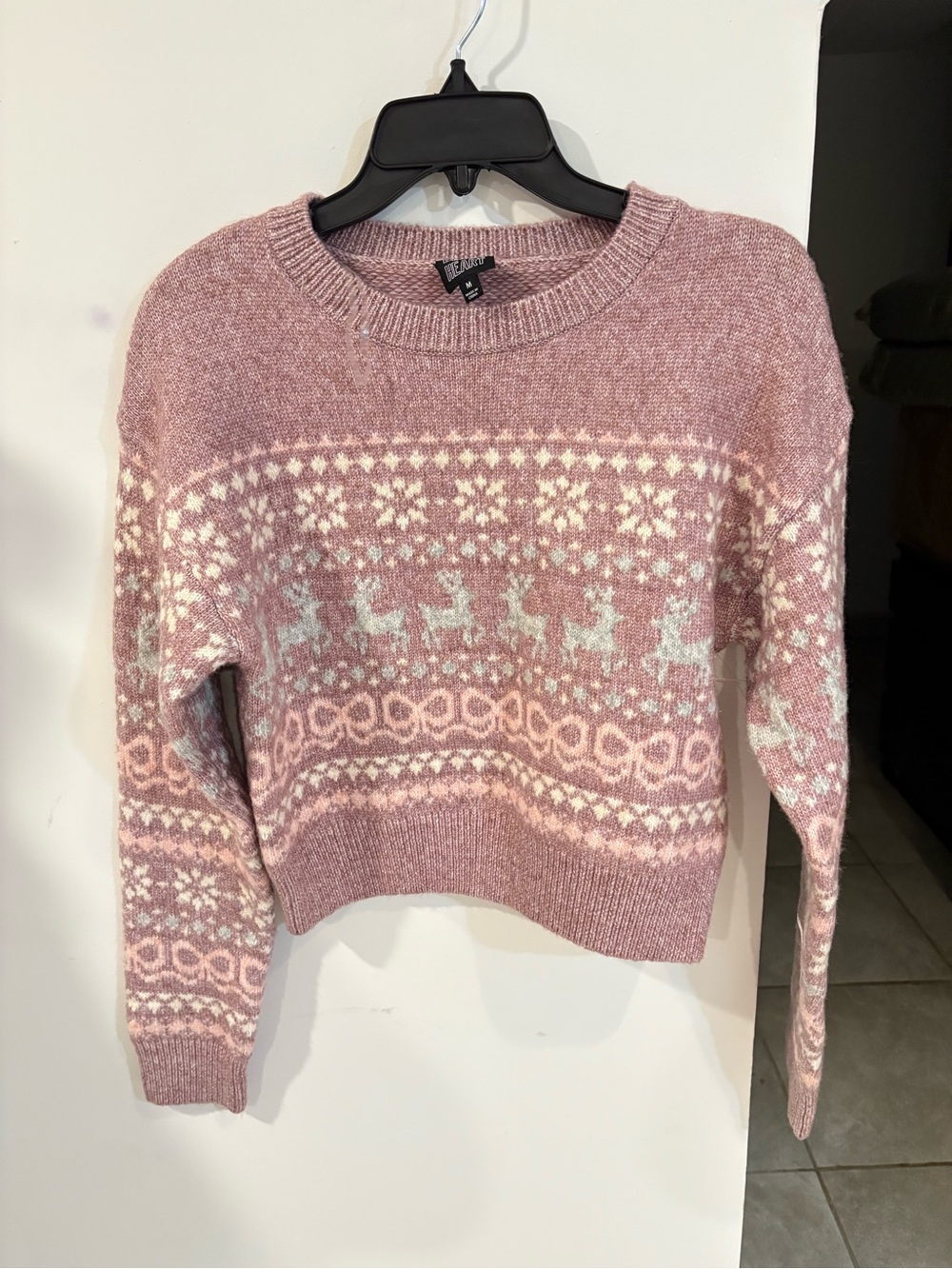 Derek Heart Pink Fair Isle Reindeer Crewneck Sweater